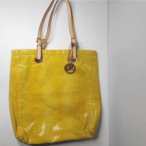 MICHAEL KORS Mustard yellow Reptile Snake Print Shoulder Tote Purse Bag See Pics - Picture 11 of 12